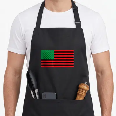 Flag african american aprons - Rectangular flag with red black stripes and green star field — shown on a black cotton canvas apron against a white background