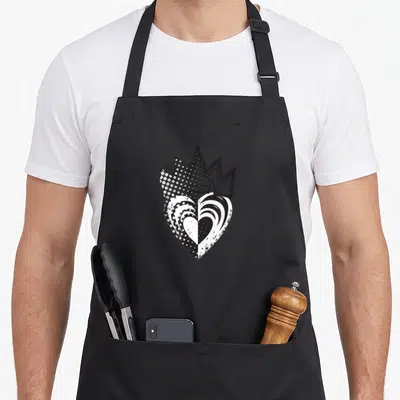 Crown novelty apron - Distressed black and white heart graphic with a crown sitting on top — shown on a black cotton canvas apron against a white background