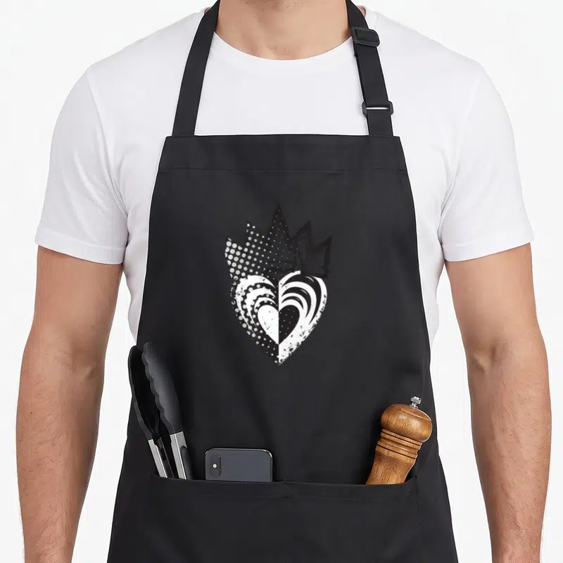 Crown novelty apron - Distressed black and white heart graphic with a crown sitting on top — shown on a black cotton canvas apron against a white background