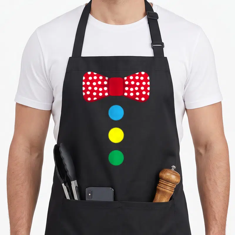 Tie clown aprons - Red polka-dot bow tie above three serrated buttons in blue, yellow, green on black apron — shown on a black cotton canvas apron against a white background