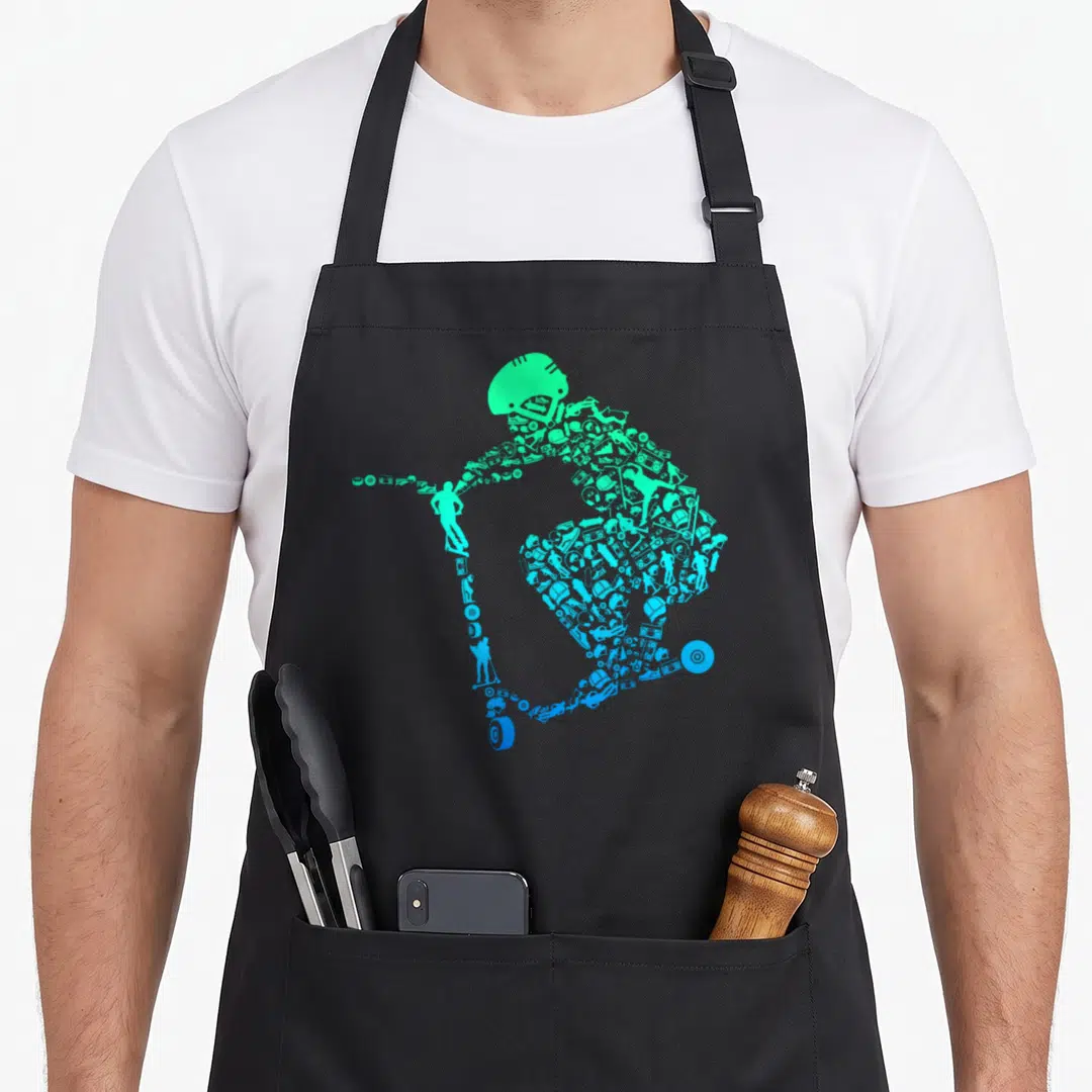 Stunt scooter apron - Teal and blue football player silhouette formed by small sports icons like helmets and scooters — shown on a black cotton canvas apron against a white background