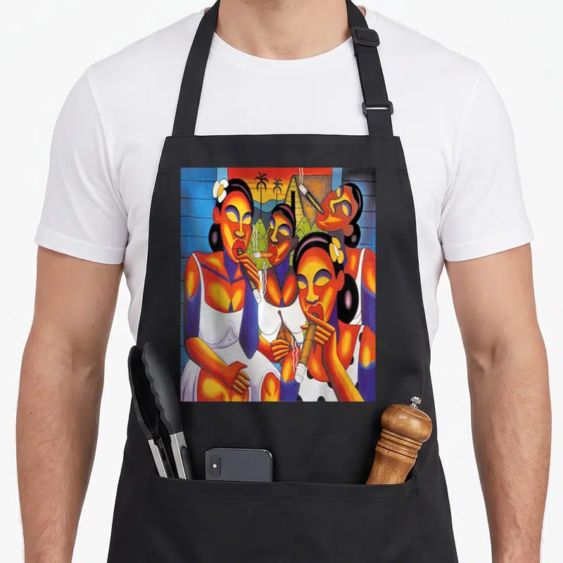 Afro cuban girl apron - Four women smoking cigars in cartoon style with orange blue yellow and red colors — shown on a black cotton canvas apron against a white background