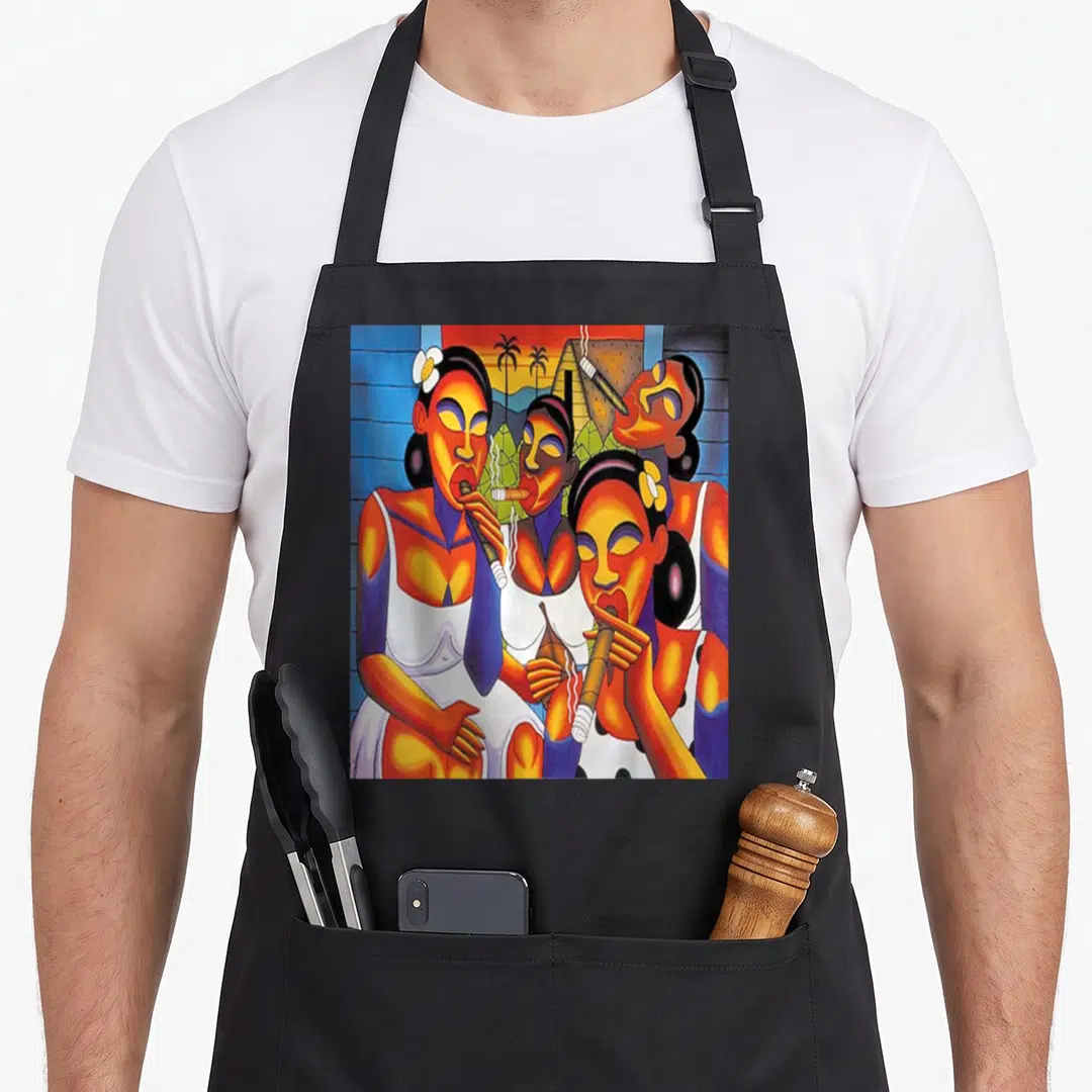 Afro cuban girl apron - Four women smoking cigars in cartoon style with orange blue yellow and red colors — shown on a black cotton canvas apron against a white background