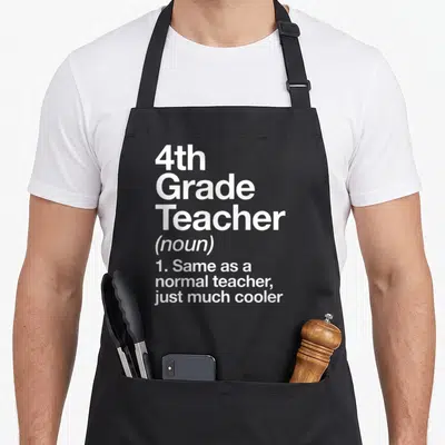 Grade art teacher aprons - White stacked text reading 4th Grade Teacher noun same as normal teacher just much cooler — shown on a black cotton canvas apron against a white background