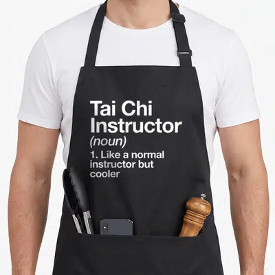 Tai chicha apron - White stacked text reading Tai Chi Instructor noun definition like normal but cooler — shown on a black cotton canvas apron against a white background
