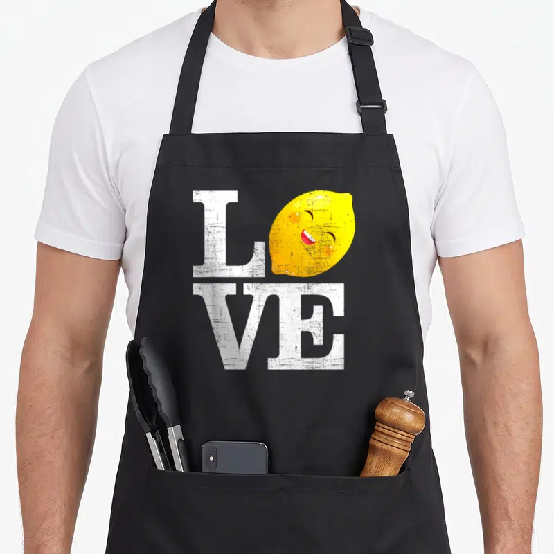 Fresh lemonade apron - White distressed LOVE text with a smiling yellow lemon character replacing the letter O — shown on a black cotton canvas apron against a white background