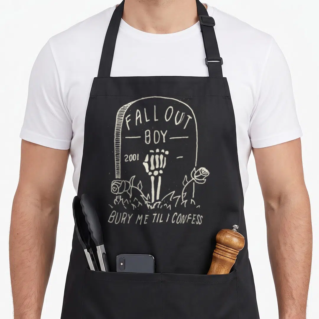 Grave fall apron - Beige tombstone with skeleton hand, two roses, and Bury Me Til I Confess text — shown on a black cotton canvas apron against a white background