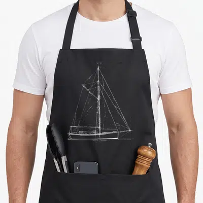 Sailboat sailfish apron - White line drawing of a sailboat rigging on grey background — shown on a black cotton canvas apron against a white background