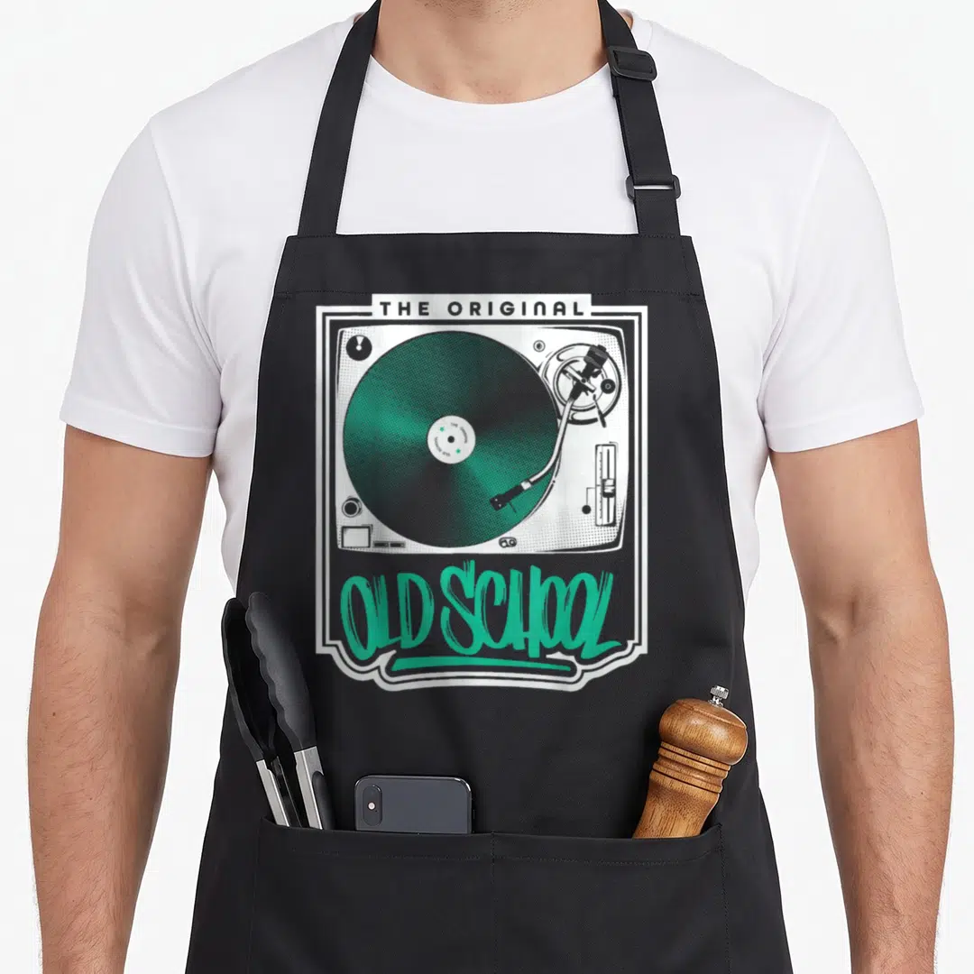 Original vinyl apron - Teal turntable with THE ORIGINAL and OLD SCHOOL text in retro style — shown on a black cotton canvas apron against a white background