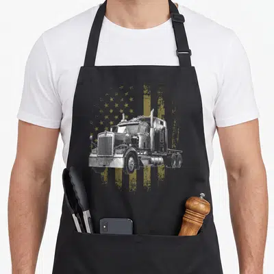 Rig american flag apron - White semi-truck illustration on distressed gold American flag background — shown on a black cotton canvas apron against a white background