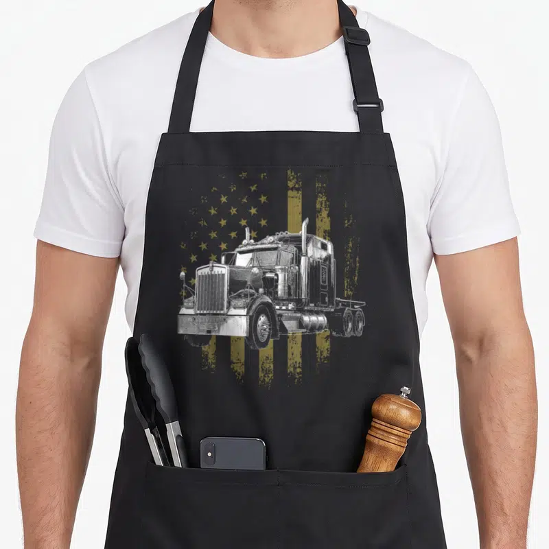 Rig american flag apron - White semi-truck illustration on distressed gold American flag background — shown on a black cotton canvas apron against a white background