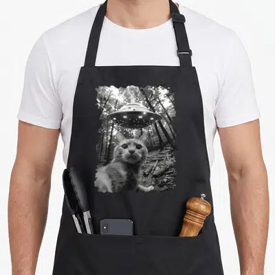 Ufo alien funny cat apron - Black and white photo of a cat reaching a paw forward with a UFO hovering above in a forest — shown on a black cotton canvas apron against a white background