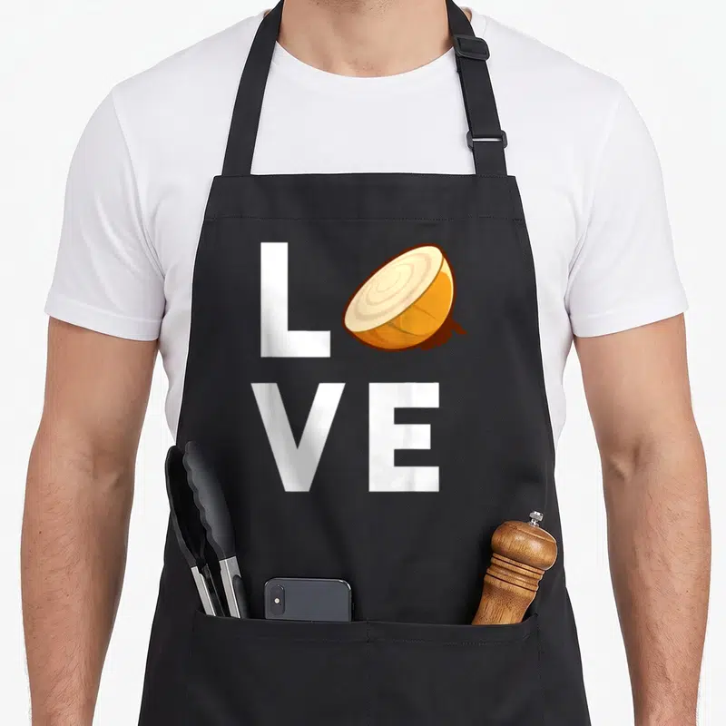 Onion food aprons - White LVE text with sliced onion replacing O, beige and brown details — shown on a black cotton canvas apron against a white background