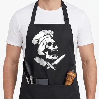 Pro culinary aprons - White distressed skull in chef hat with crossed cleaver and knife below — shown on a black cotton canvas apron against a white background