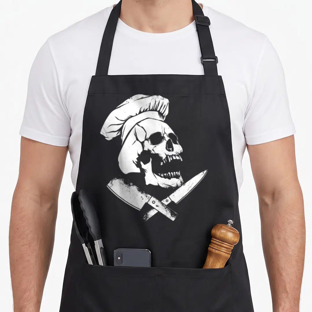 Pro culinary aprons - White distressed skull in chef hat with crossed cleaver and knife below — shown on a black cotton canvas apron against a white background
