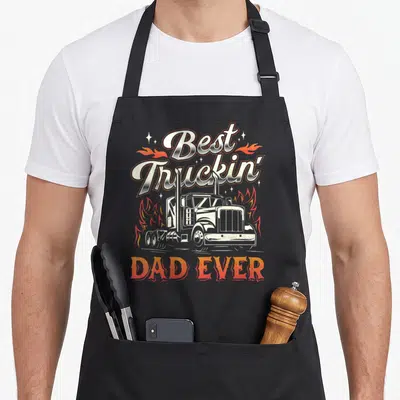 Driver father day apron - Retro semi-truck with flames and text Best Truckin Dad Ever — shown on a black cotton canvas apron against a white background