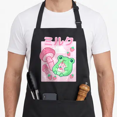 Strawberry cottagecore apron - Green frog holding strawberry milk carton under pink Japanese text with mushrooms — shown on a black cotton canvas apron against a white background