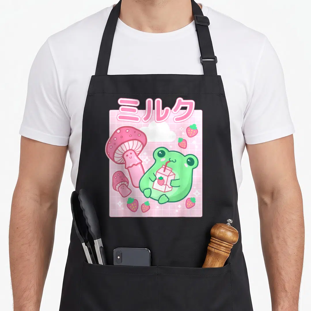 Strawberry cottagecore apron - Green frog holding strawberry milk carton under pink Japanese text with mushrooms — shown on a black cotton canvas apron against a white background