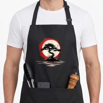 Bonsai sunset tree apron - Black bonsai tree silhouette on landmass before red and white sun with two birds over water — shown on a black cotton canvas apron against a white background