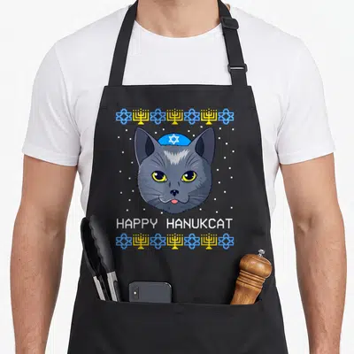 Hanukcat jewish apron - Grey cartoon cat head wearing blue kippah with white text HAPPY HANUKCAT flanked by yellow — shown on a black cotton canvas apron against a white background