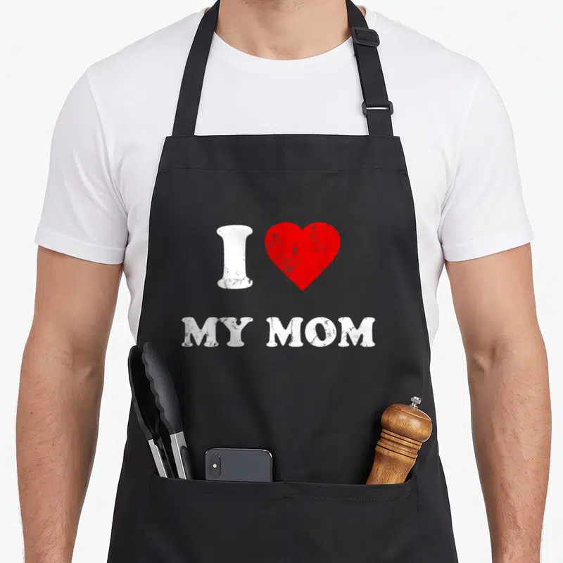Family i love my dog apron - Distressed white I next to red heart with MY MOM text below — shown on a black cotton canvas apron against a white background