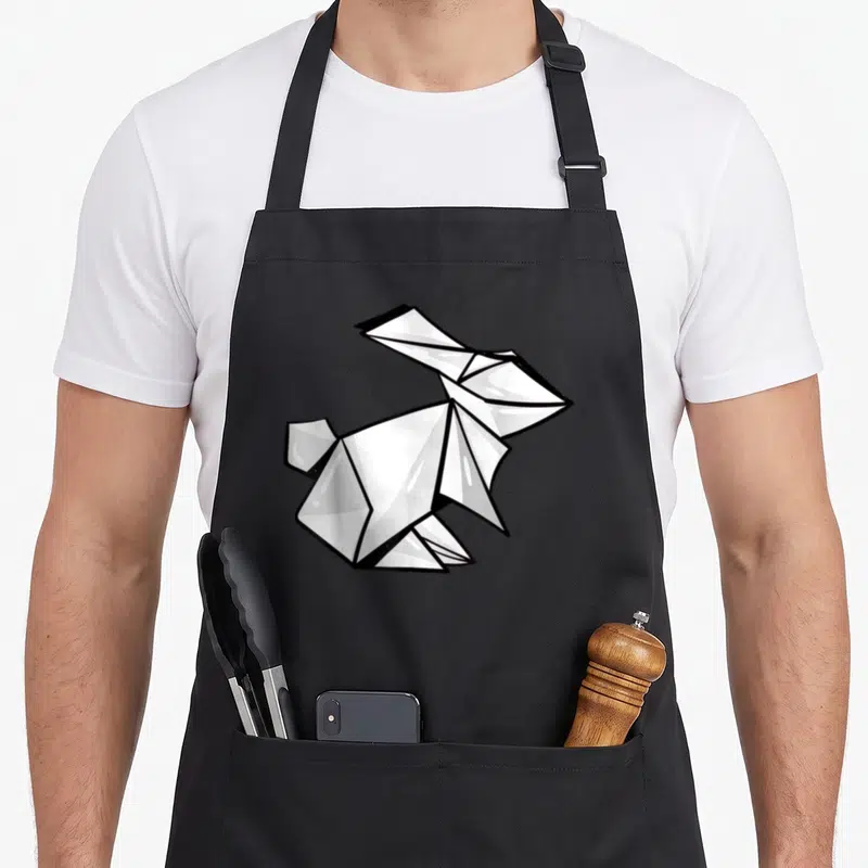 Funny origami rabbit apron - White and black line-art origami rabbit with sharp geometric folds on dark background — shown on a black cotton canvas apron against a white background