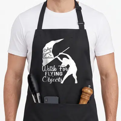 Guard flying apron - White silhouette of person holding flag with Color Guard Caution text — shown on a black cotton canvas apron against a white background
