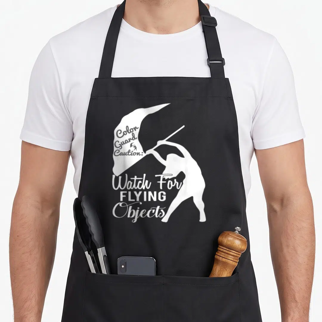 Guard flying apron - White silhouette of person holding flag with Color Guard Caution text — shown on a black cotton canvas apron against a white background