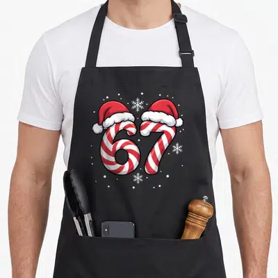 Viral candy cane apron - Number 67 shaped as red and white candy canes wearing Santa hats with snowflakes — shown on a black cotton canvas apron against a white background
