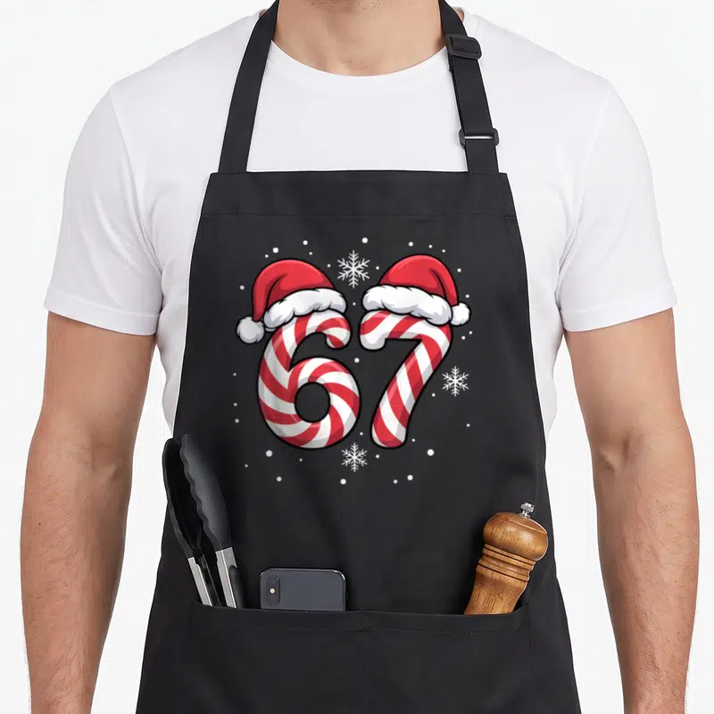Viral candy cane apron - Number 67 shaped as red and white candy canes wearing Santa hats with snowflakes — shown on a black cotton canvas apron against a white background