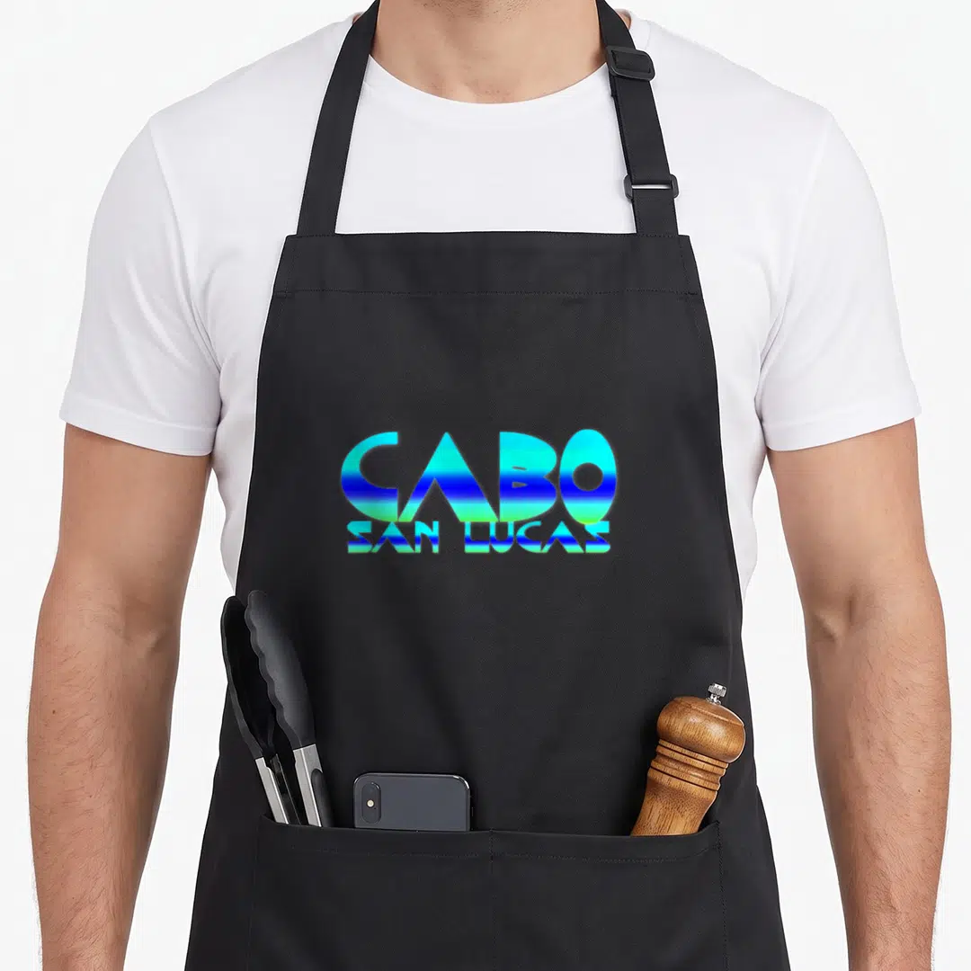 Cabo san lucas souvenir mexico apron - Stacked blue and cyan text reading CABO SAN LUCAS in retro typography style — shown on a black cotton canvas apron against a white background