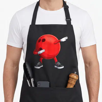 Dab bowling lover apron - Red bowling ball with arms legs white gloves and black sneakers in a cartoon dab pose — shown on a black cotton canvas apron against a white background