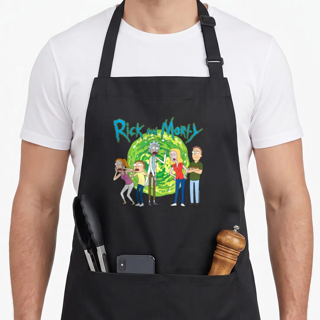 Portal personalized family aprons - Rick and Morty text above five cartoon characters standing before a green portal — shown on a black cotton canvas apron against a white background