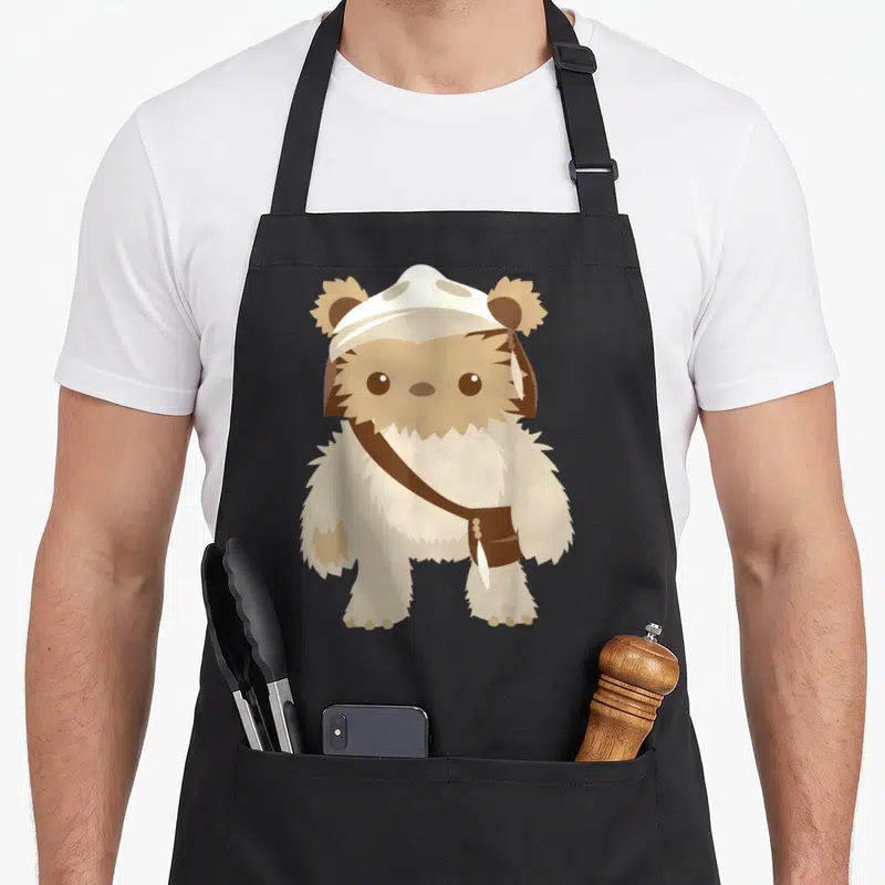 Lumat cartoon apron - Centered cartoon Ewok in tan brown and white with hood and sash — shown on a black cotton canvas apron against a white background