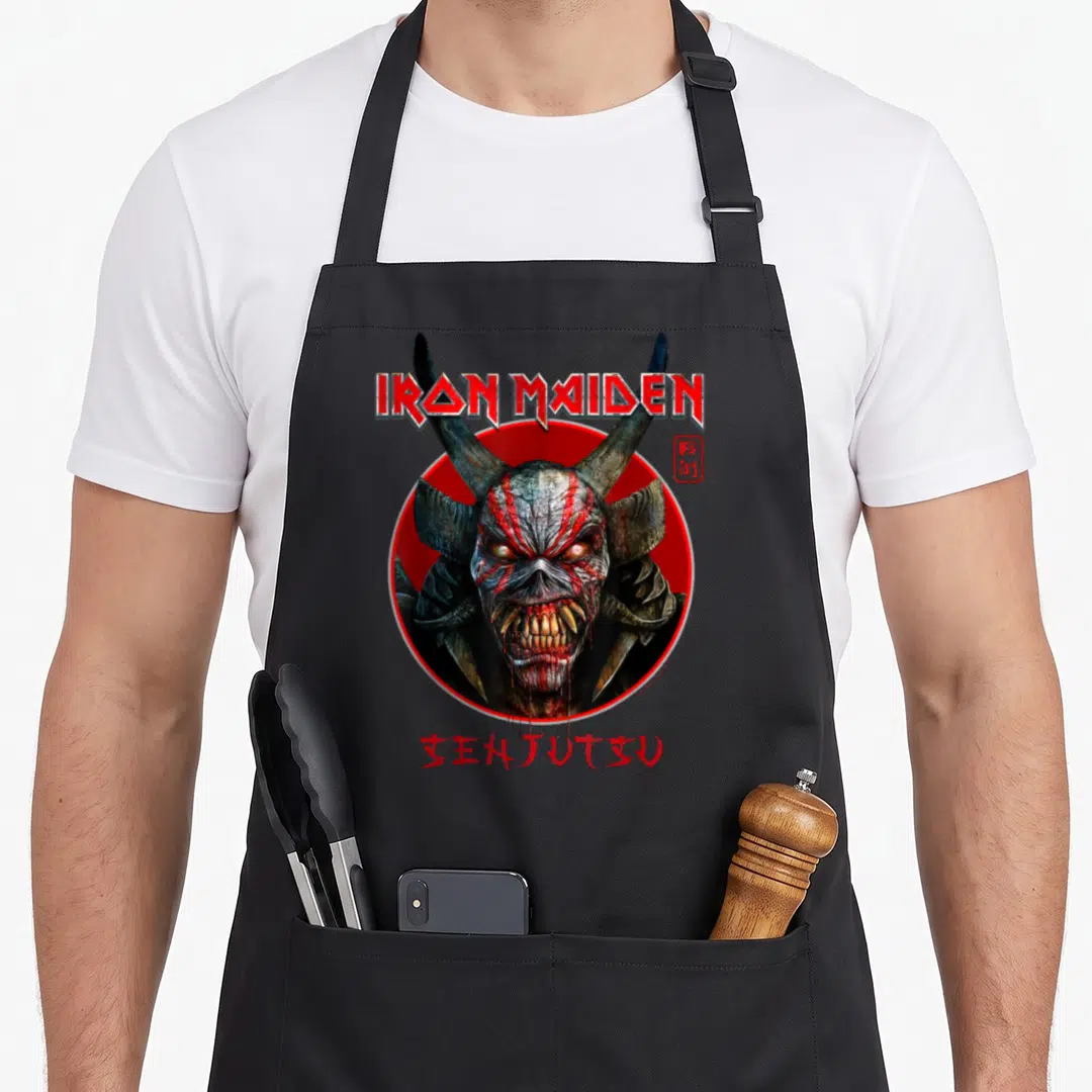 Circle camping apron - Monster head in red circle with IRON MAIDEN and JIU JITSU text and Kanji — shown on a black cotton canvas apron against a white background