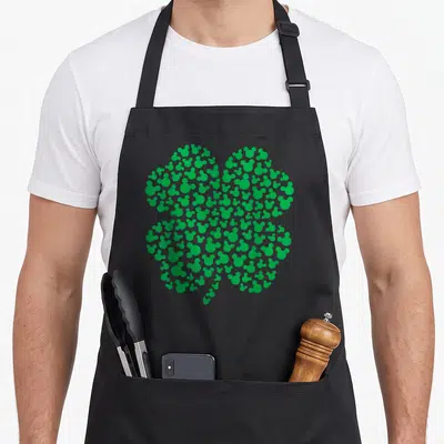 Retro leaf st patrick day aprons - Green shamrock pattern made of repeating Mickey Mouse head silhouettes — shown on a black cotton canvas apron against a white background
