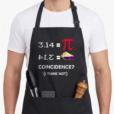 Symbol teacher apron - Red pi symbol and purple berry pie slice next to pixelated 3.14 equals PIE text — shown on a black cotton canvas apron against a white background