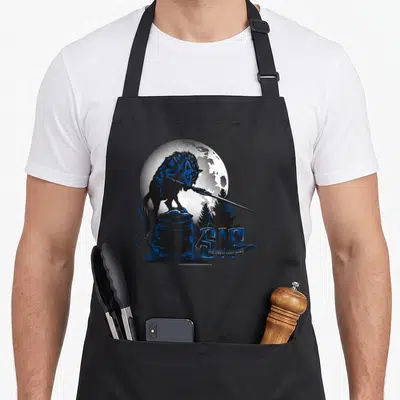 Soul apron for men - Blue cartoon wolf holding sword on rock before moon with text THE GREAT GREY WOLF — shown on a black cotton canvas apron against a white background