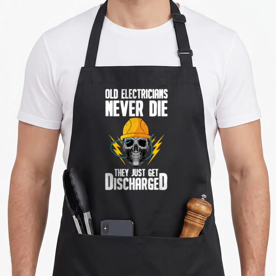 Electrical engineer electricity electrician apron - Skull in yellow hard hat with blue wire and lightning bolts — shown on a black cotton canvas apron against a white background