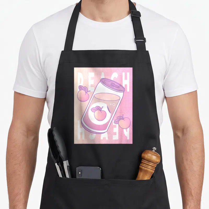 Juice 90s apron - Tilted peach can with two floating peaches and mirrored PEACH text on pink grid background — shown on a black cotton canvas apron against a white background