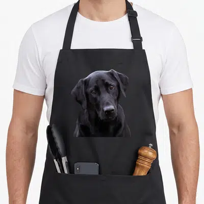 Lab dog labrador apron - Realistic photo of a black Labrador Retriever head centered on a black bib apron — shown on a black cotton canvas apron against a white background