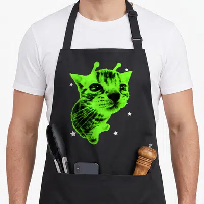 Y2k space cat apron - Lime green distressed cat head with antennae and five white stars — shown on a black cotton canvas apron against a white background
