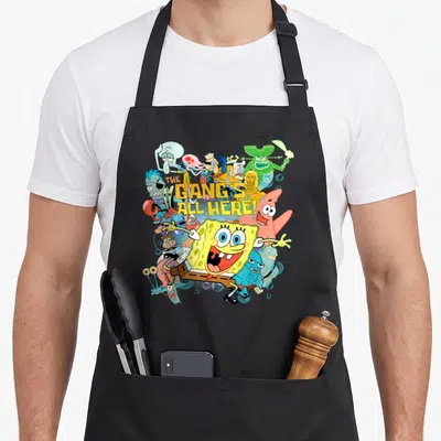 Gang novelty apron - THE GANG'S ALL HERE! text over yellow blue pink and green cartoon characters — shown on a black cotton canvas apron against a white background