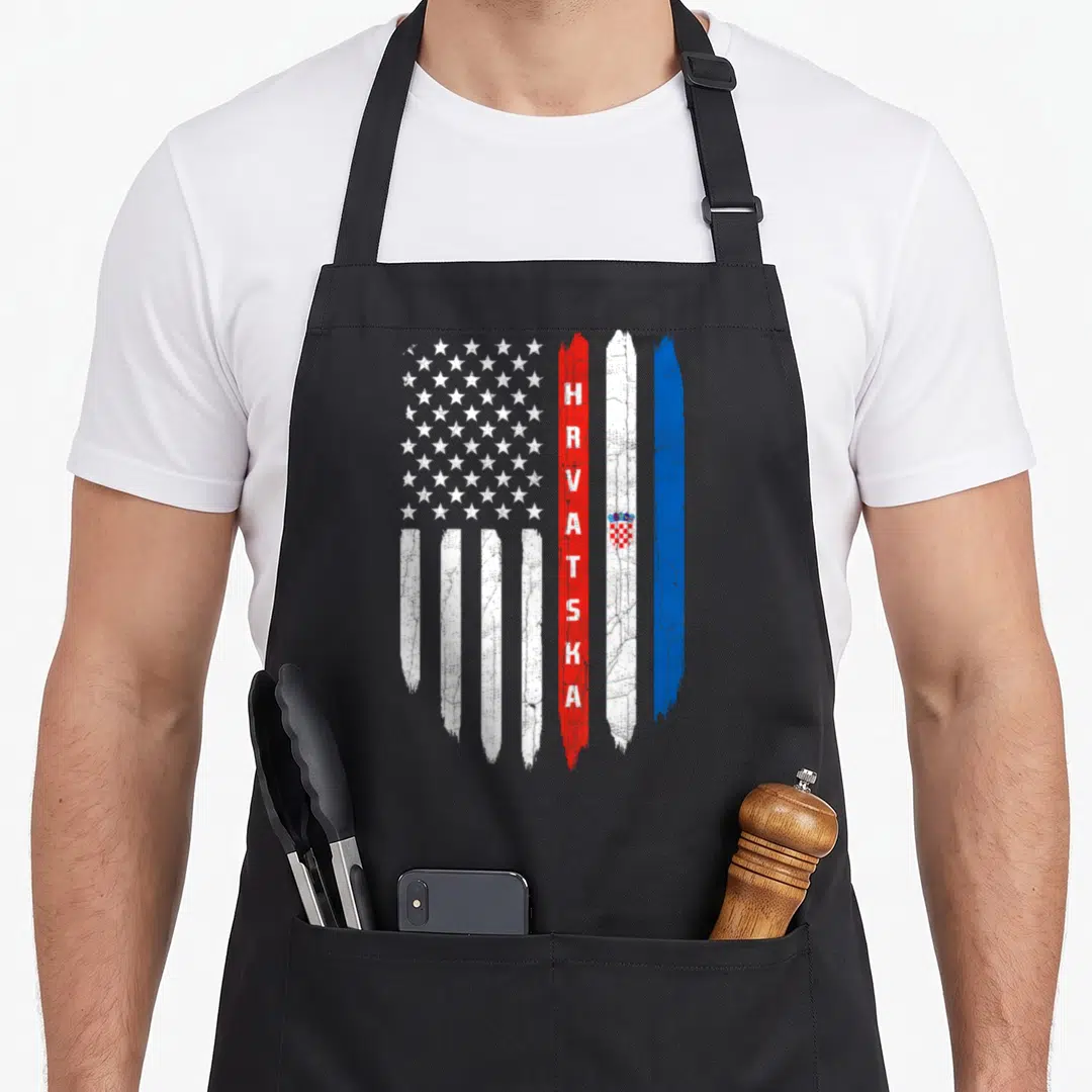 Flag croatia croatian aprons - Distressed vertical US and Croatian flags with HRVATSKA text and coat of arms in red — shown on a black cotton canvas apron against a white background