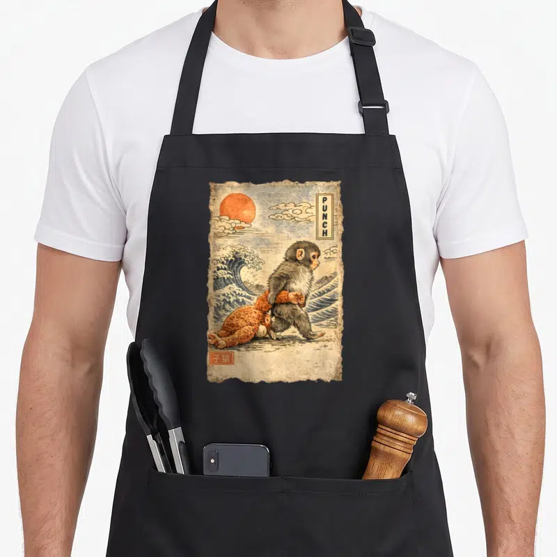 Baby kawaii aprons - Retro monkey carrying orange bear near blue wave with PUNCH text and kanji stamp — shown on a black cotton canvas apron against a white background