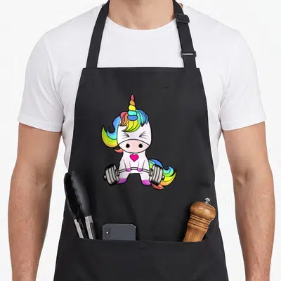 Gym unicorn apron - Cartoon unicorn holding grey barbell with rainbow mane and pink heart on white body — shown on a black cotton canvas apron against a white background