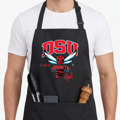 University pride apron - DSU hornet mascot with EST 1891 and Hail text over grey hatched circle — shown on a black cotton canvas apron against a white background