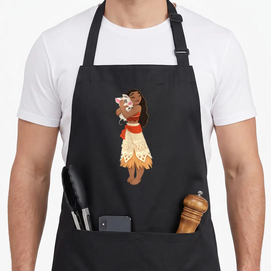 Funny pua novelty apron - Cartoon woman standing hugging a white pig wearing a red top and patterned cream skirt — shown on a black cotton canvas apron against a white background