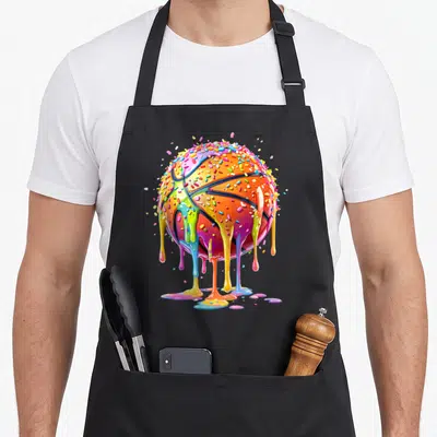 Youth ice cream apron - Cartoon basketball covered in dripping orange, pink, blue, yellow, and green glaze — shown on a black cotton canvas apron against a white background