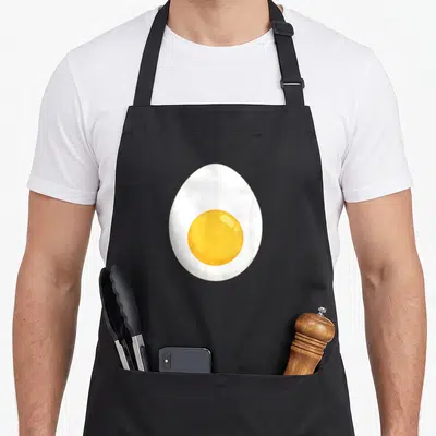 Devil egg apron - Cartoon fried egg in white and yellow centered on canvas — shown on a black cotton canvas apron against a white background